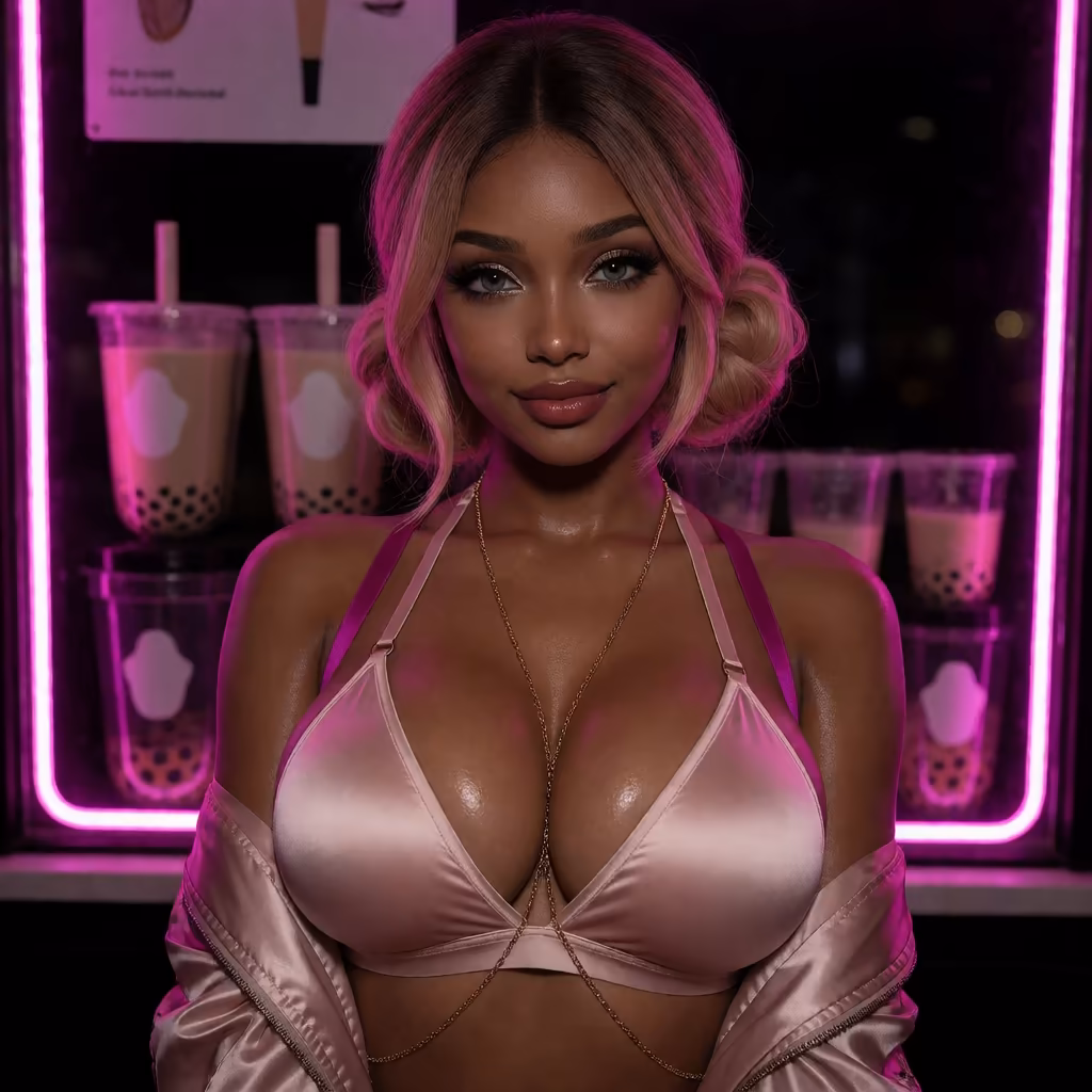 cute ai girl — a character portrait shot in a bubbletea setting