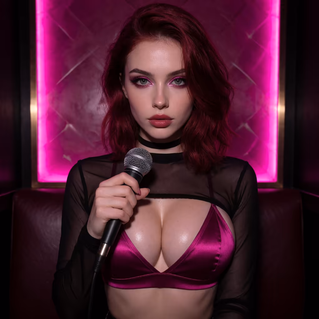 ai wedgie — a character portrait shot in a karaoke setting
