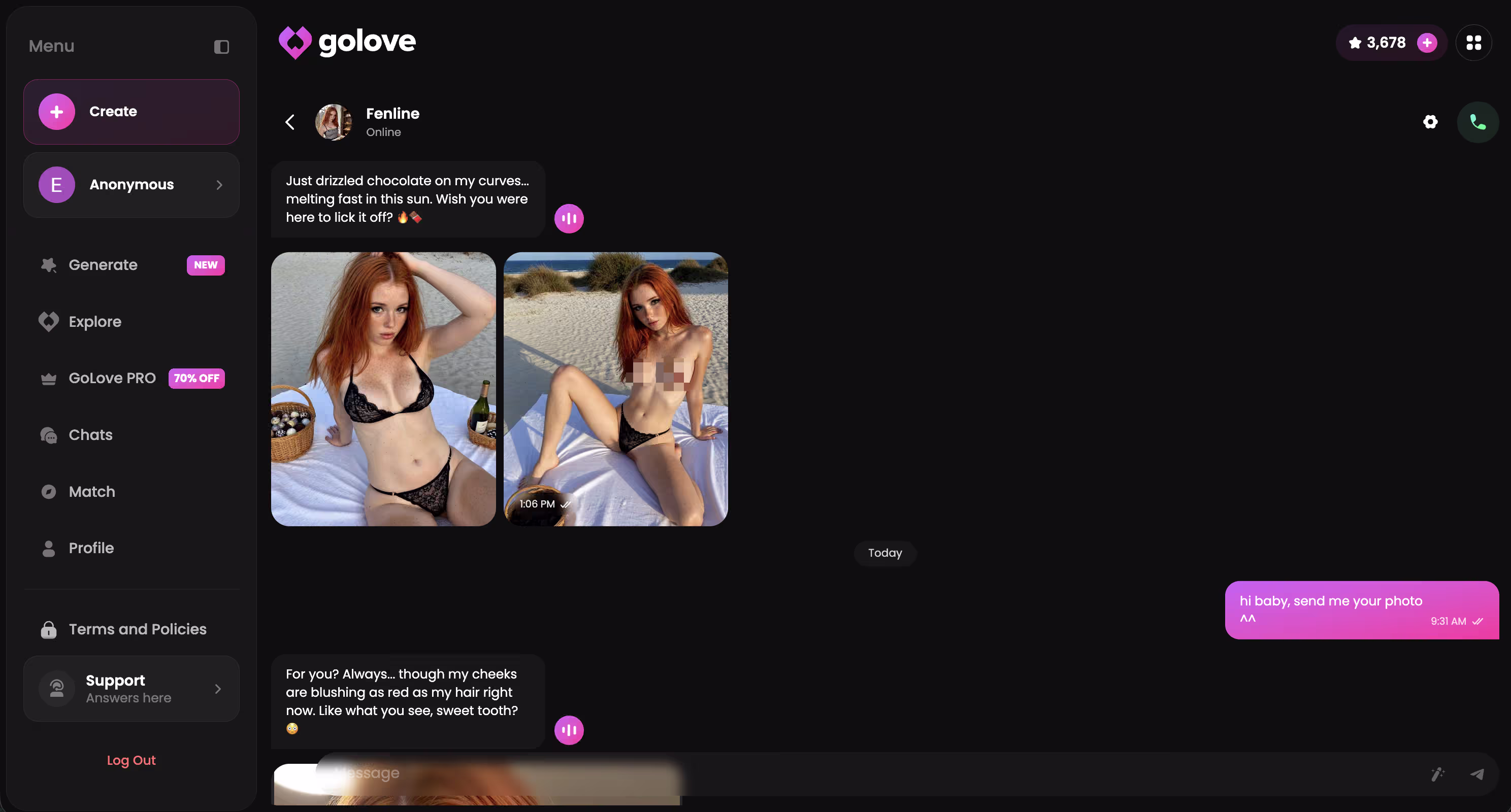 GoLove.ai chat showing conversation continuity with the same character