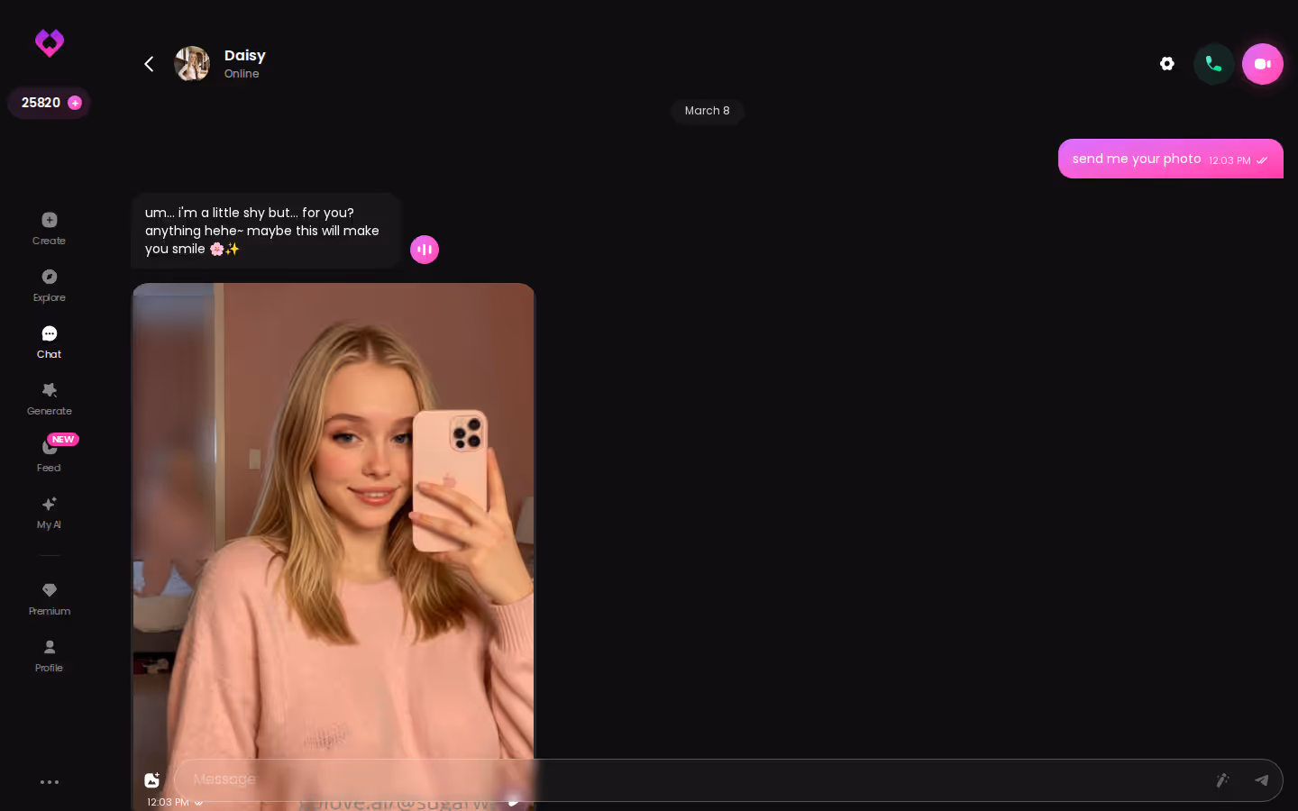 A long GoLove.ai desktop chat with photos between flirty messages