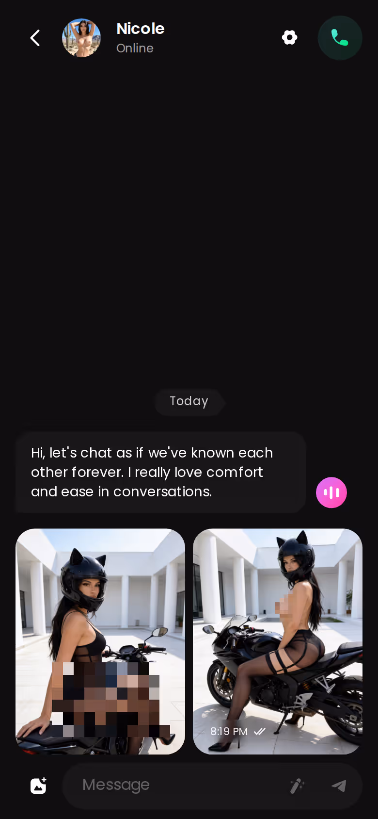 GoLove mobile chat thread showing an ongoing conversation with a realistic character