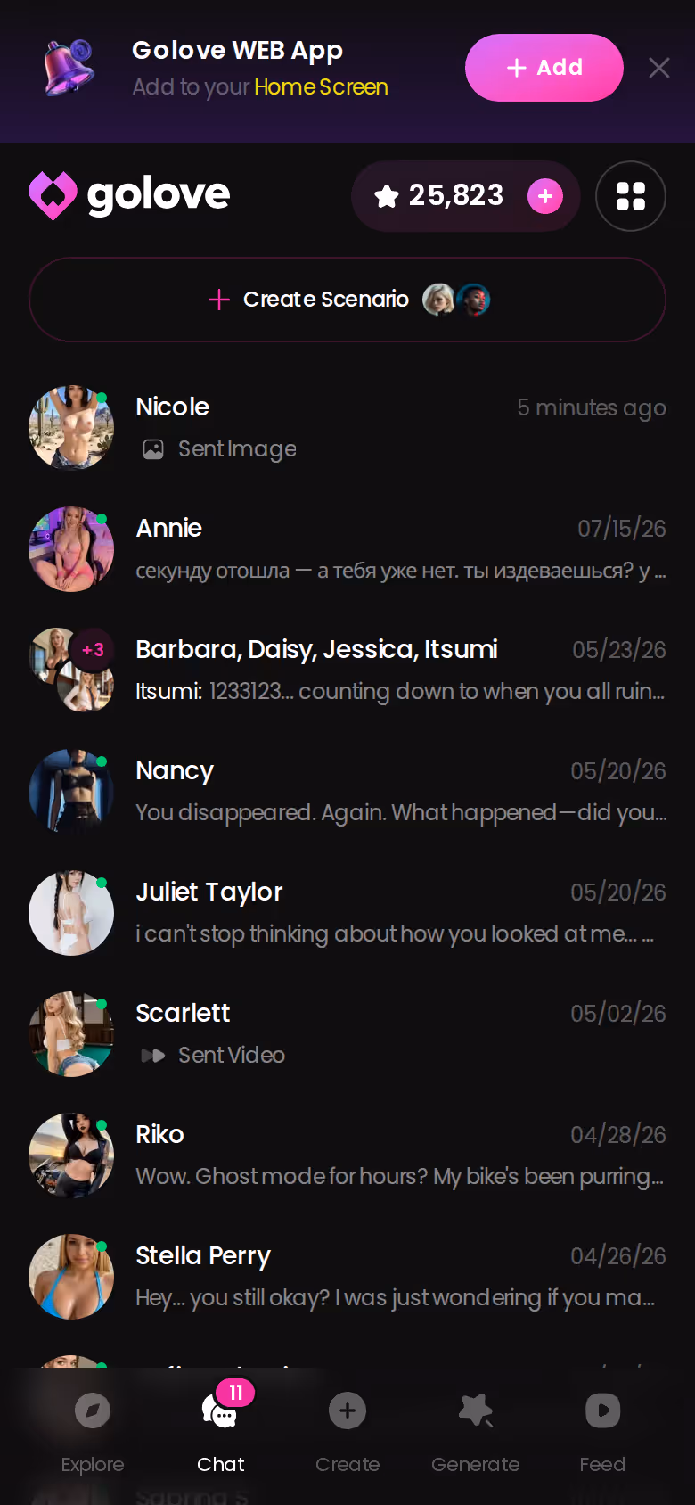 GoLove mobile Chats list — multiple characters, each with an ongoing thread