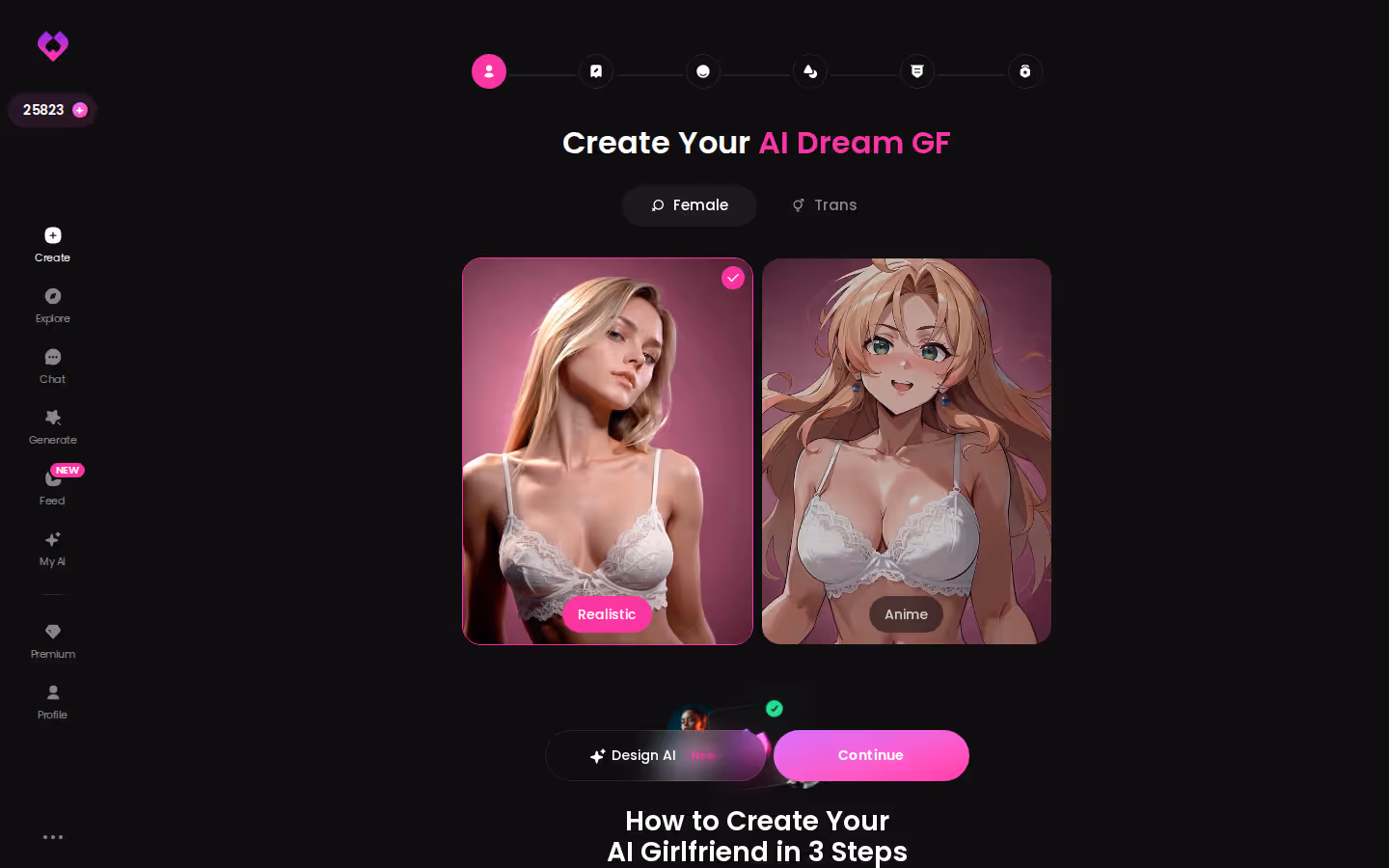 GoLove's Create wizard — Realistic, Anime, and Trans cards with the Design with AI option