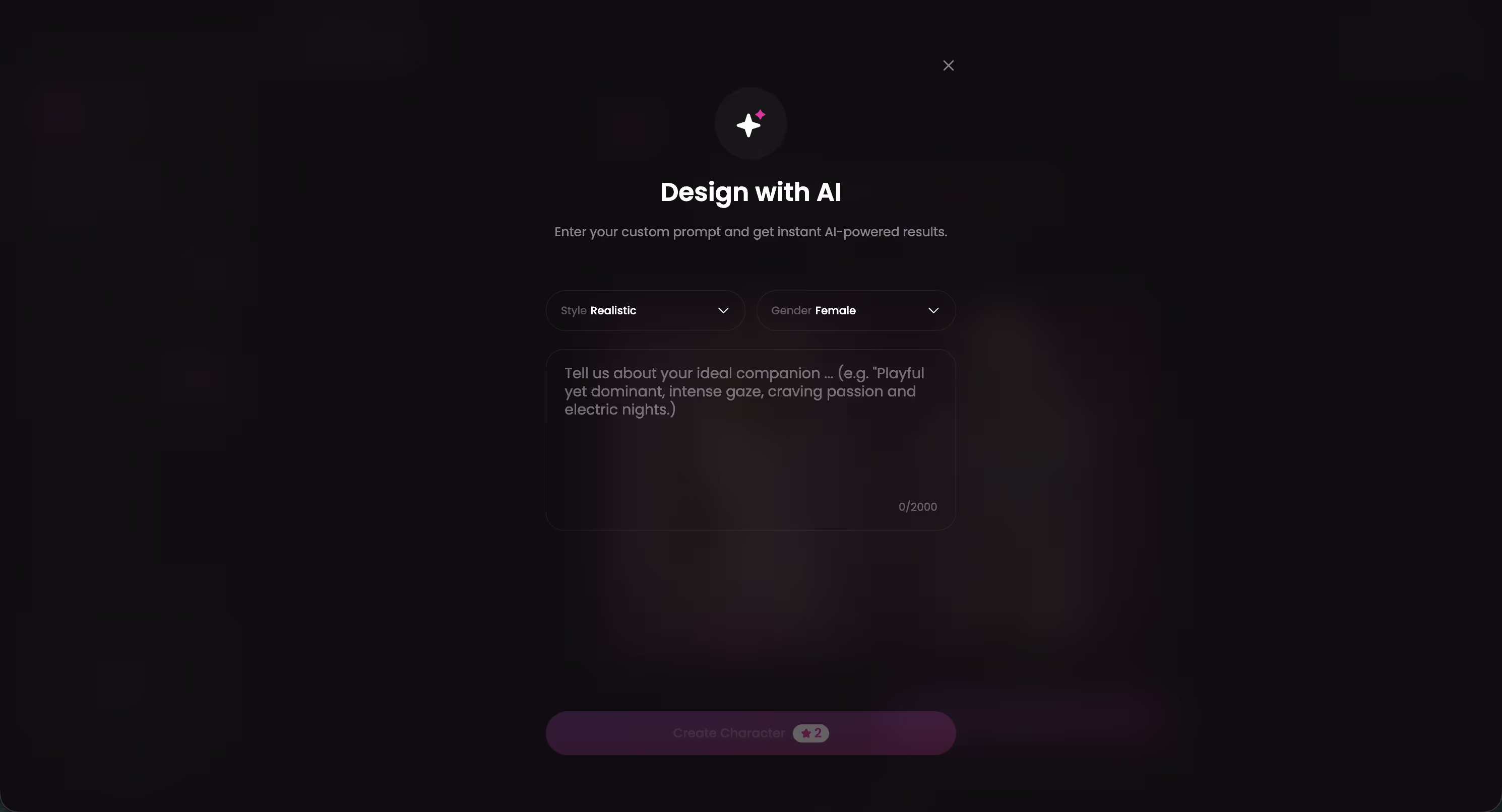 GoLove.ai Design with AI text box where you describe your companion in plain text
