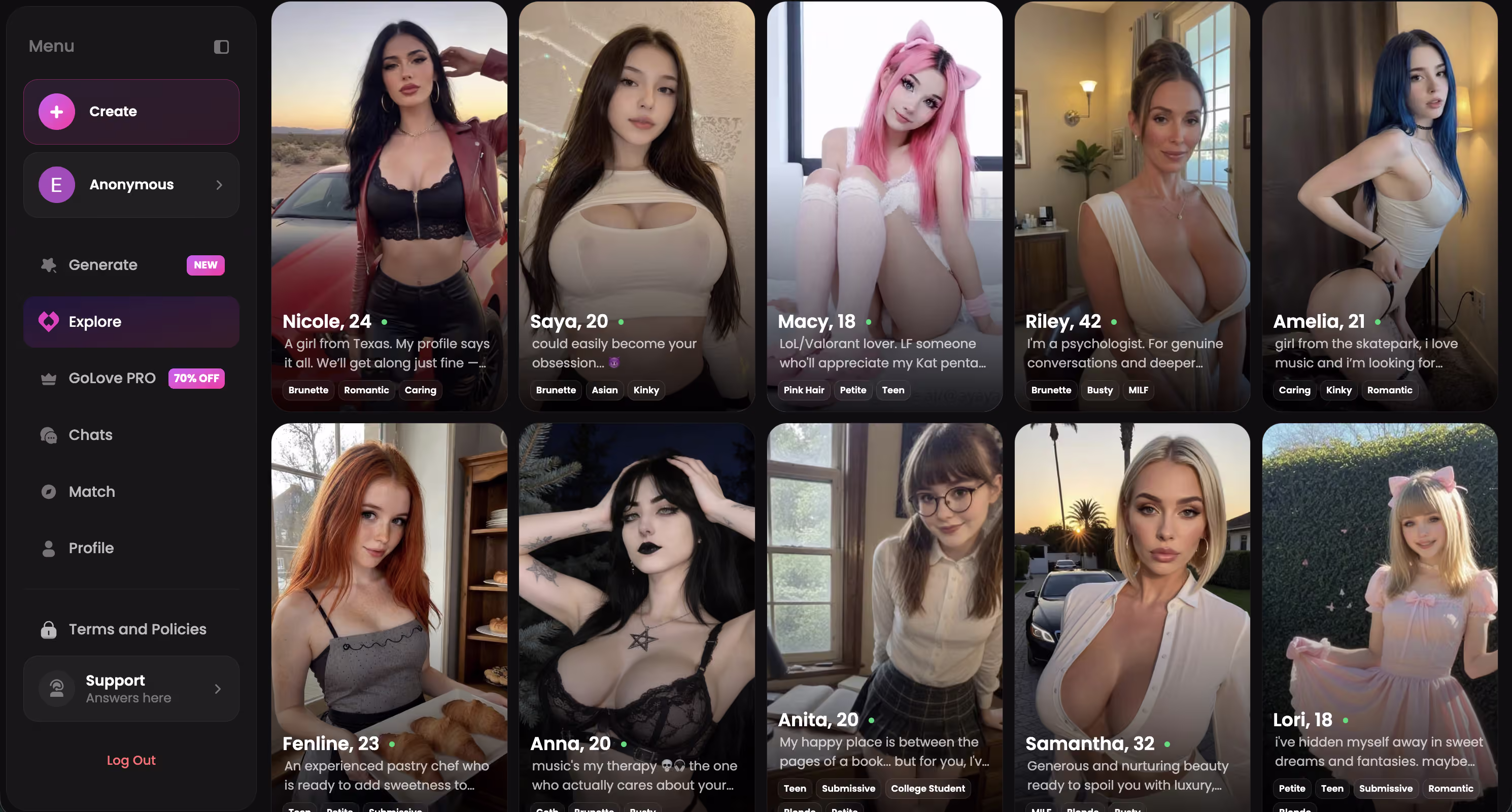 Explore page with realistic AI girlfriend roster — candy ai
