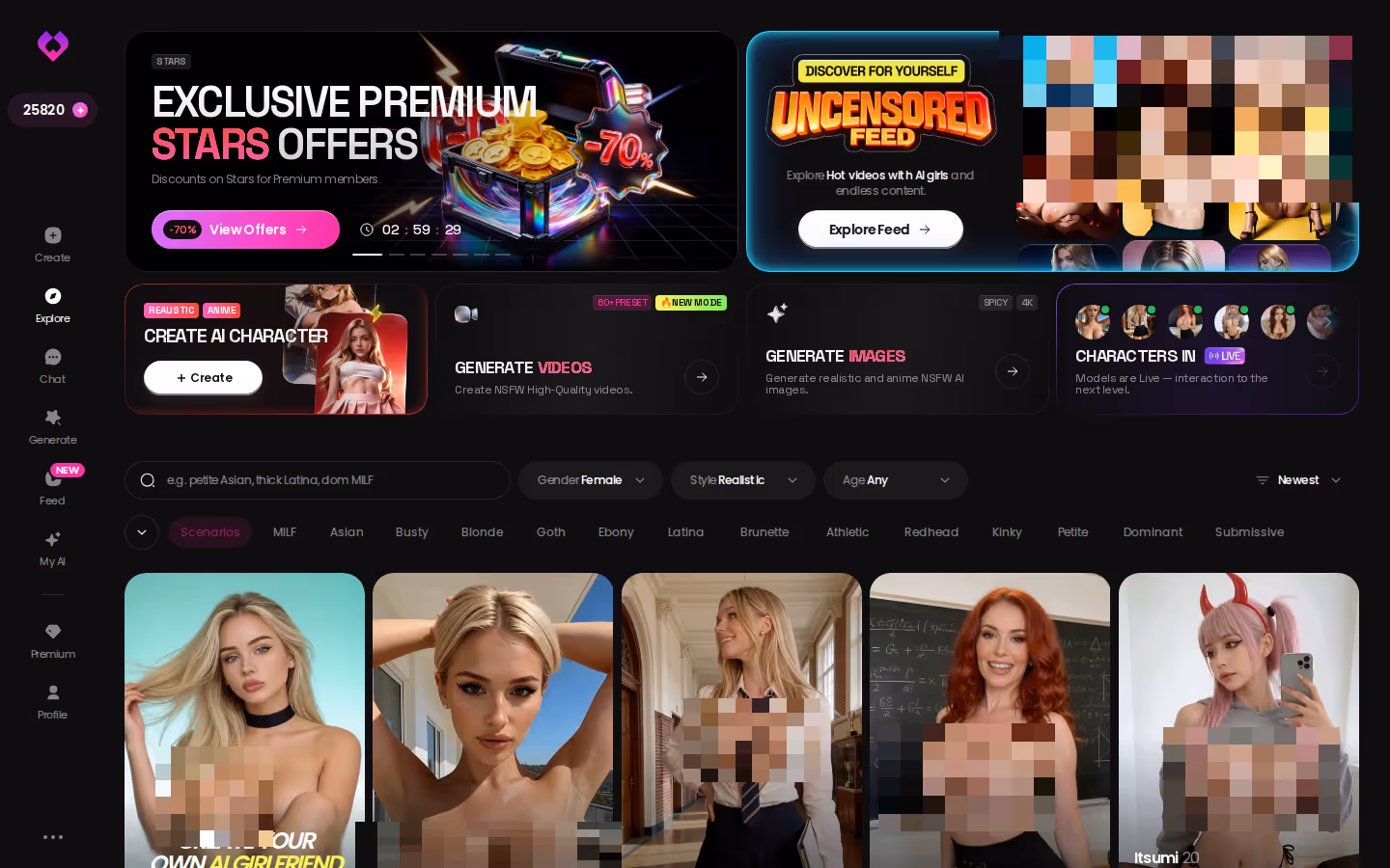 GoLove's Explore page filtered to realistic characters with tag chips