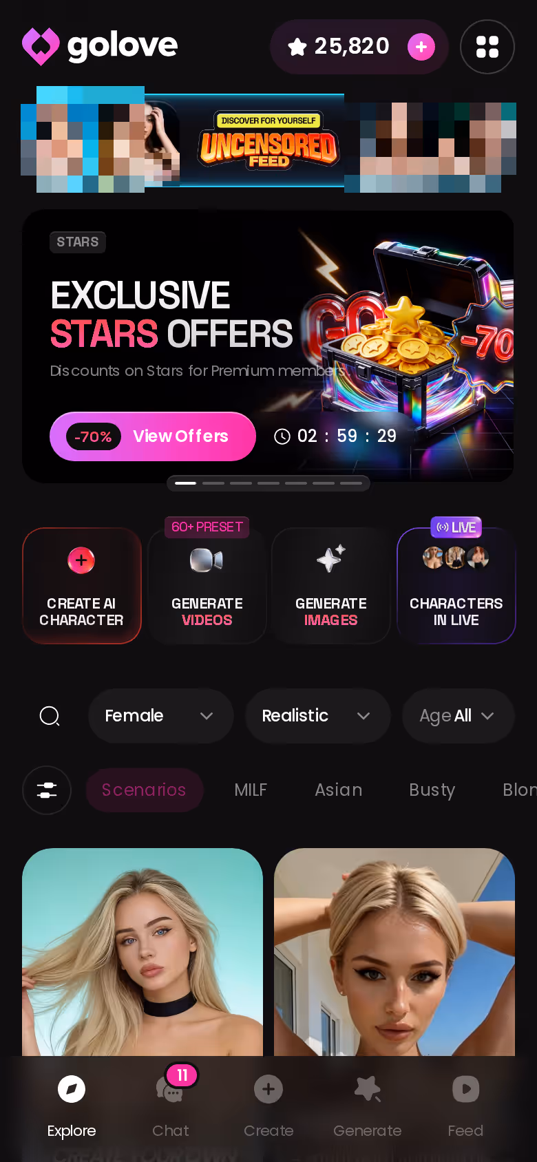 GoLove Explore on mobile showing realistic characters you can chat with before signing up