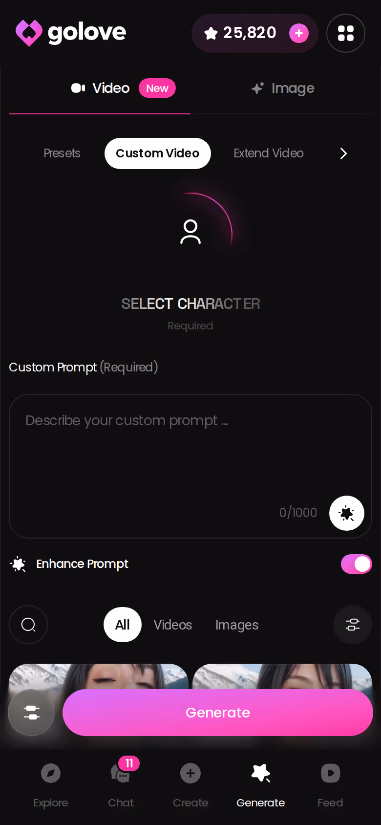 GoLove.ai video generator on mobile with preset cards for action, clothes and background and a Generate button