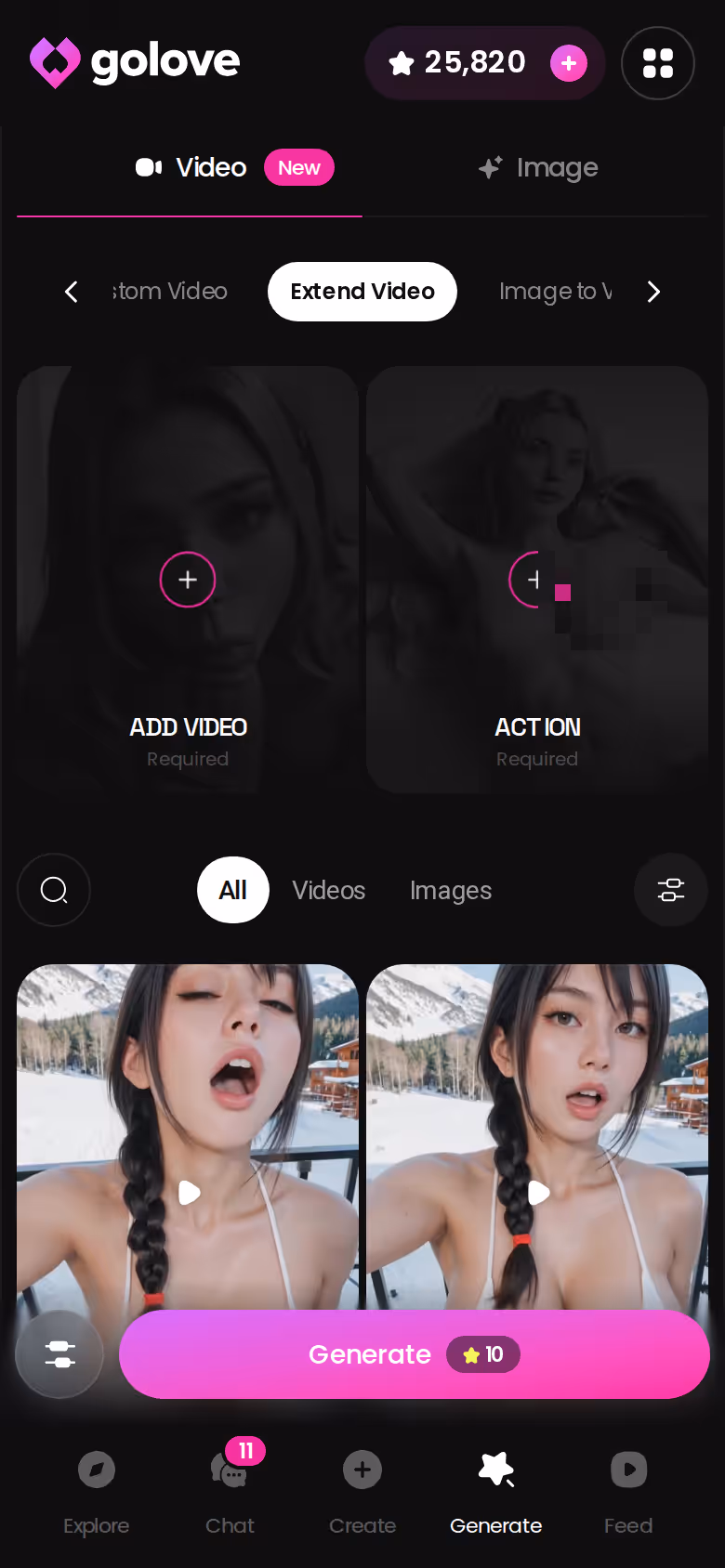 GoLove.ai Extend Video option on a generated clip in the mobile app