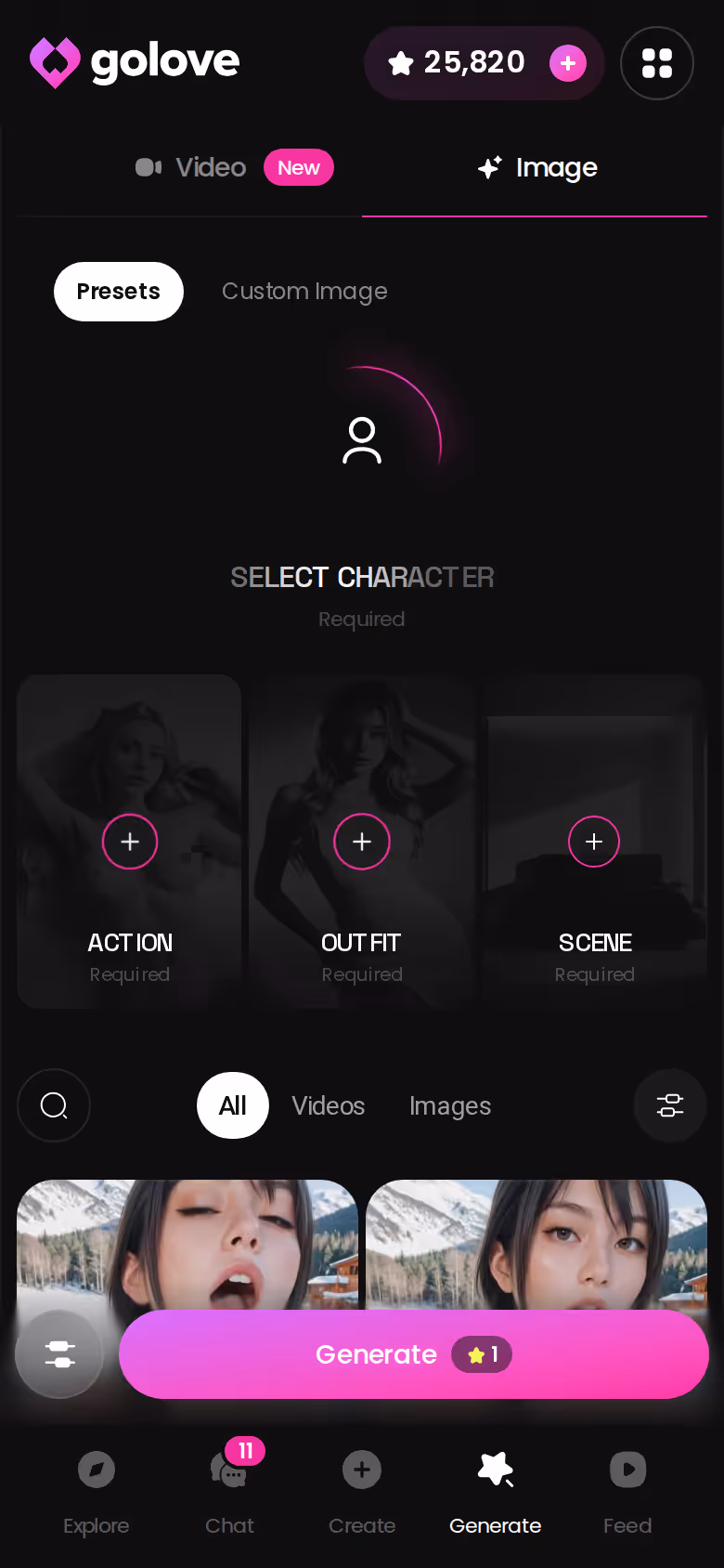 GoLove Generate page in image mode on mobile showing pose, outfit and background presets