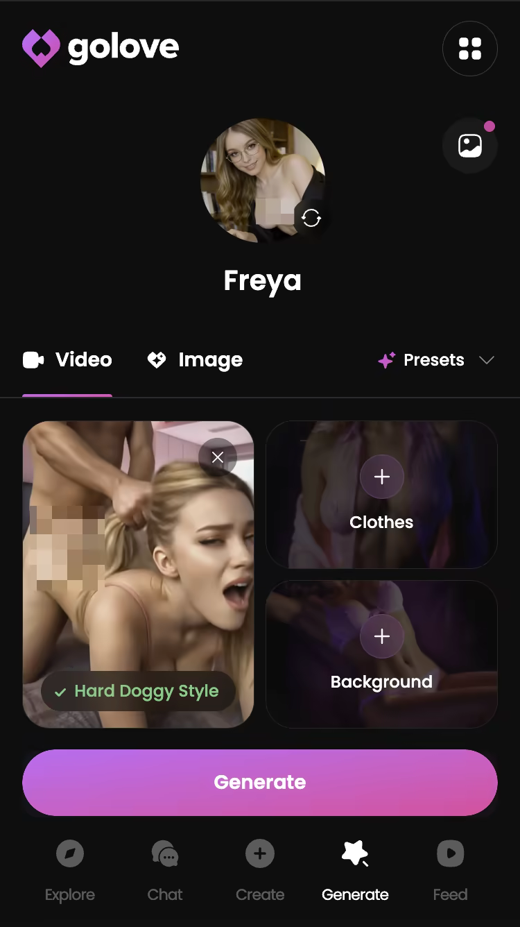 Explicit action preset selected in the GoLove.ai video generator — candy ai